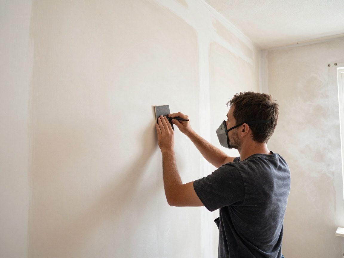Handwerker sandt mit feinem Schleifpapier eine frisch verputzte Trockenbauscheibe in einem gut beleuchteten deutschen Werkstattraum, Staubmaske getragen, realistische Staubwolke im Bild