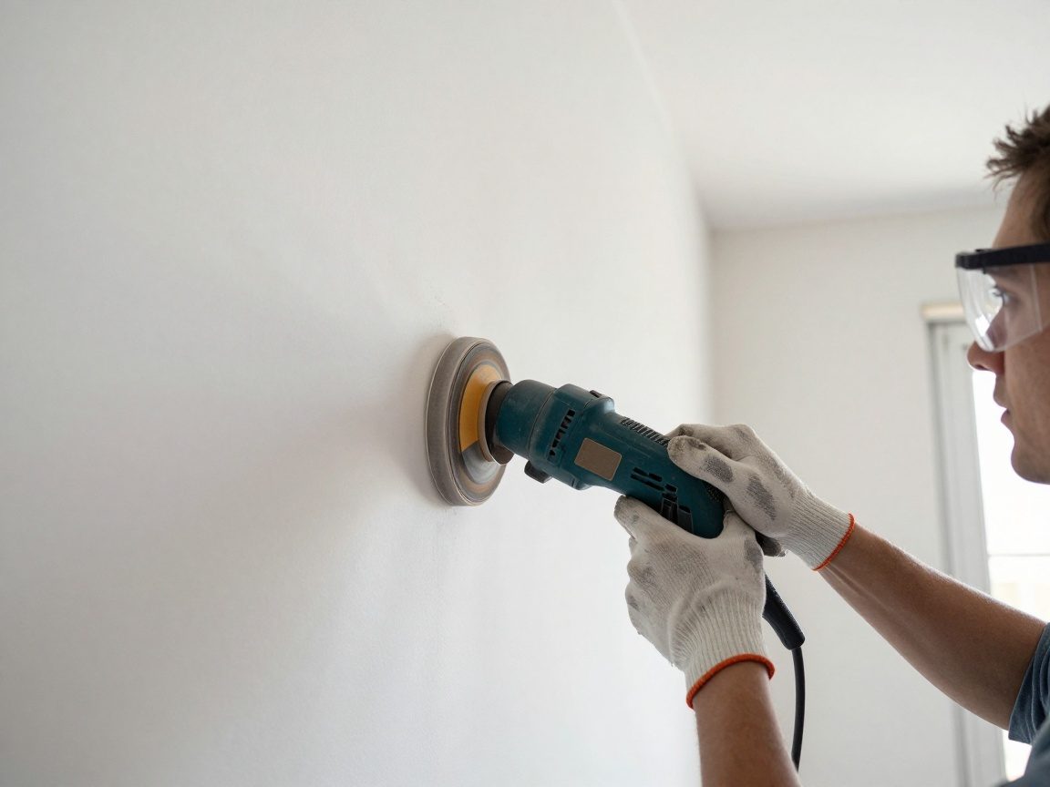 Maler mit Schutzbrille und Handschuhen arbeitet an einer Wand, während ein elektrischer Schleifgerät die Oberfläche glättet