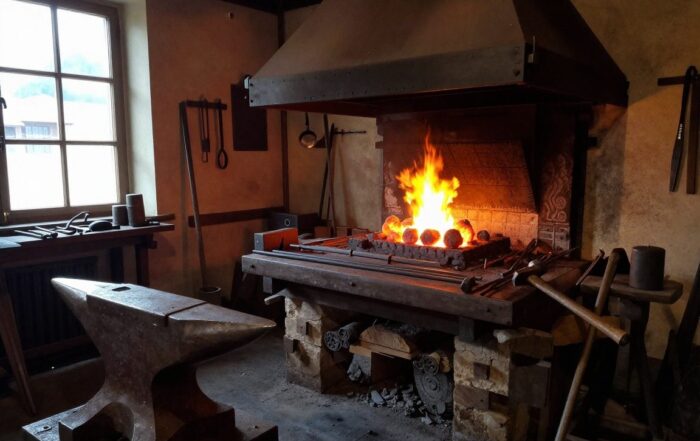 Weitwinkelaufnahme einer traditionellen deutschen Schmiede mit glühenden Kohlen, Amboss, Werkbank und Werkzeugen, warmes Licht aus der Schmiedefeuerung