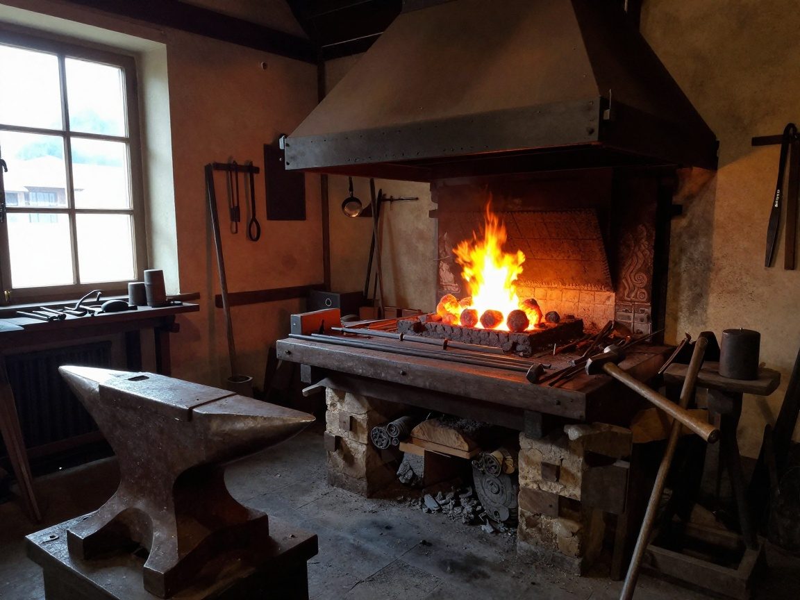 Weitwinkelaufnahme einer traditionellen deutschen Schmiede mit glühenden Kohlen, Amboss, Werkbank und Werkzeugen, warmes Licht aus der Schmiedefeuerung