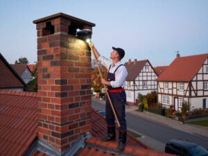 Schornsteinfeger in traditionellem Uniform steht neben einer alten Backsteinschornstein und inspiziert die Röhre mit einer Taschenlampe, während er einen langen Pinsel hält.