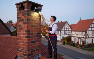 Schornsteinfeger in traditionellem Uniform steht neben einer alten Backsteinschornstein und inspiziert die Röhre mit einer Taschenlampe, während er einen langen Pinsel hält.
