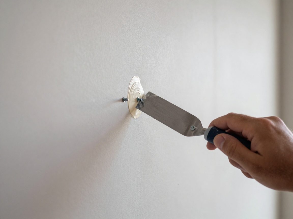 Detailaufnahme eines Handwerkers, der Schraubenköpfe im Trockenbau mit einer dünnen Schicht Spachtelmasse abdeckt, Fokus auf glatten Abschluss um die Schrauben