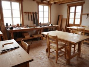 Weitwinkelaufnahme eines traditionellen deutschen Schreinerwerkstatt mit Holzarbeitsbänken, Sägen und Messern, beleuchtet von Tageslicht