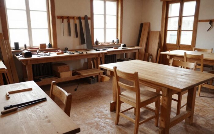 Weitwinkelaufnahme eines traditionellen deutschen Schreinerwerkstatt mit Holzarbeitsbänken, Sägen und Messern, beleuchtet von Tageslicht