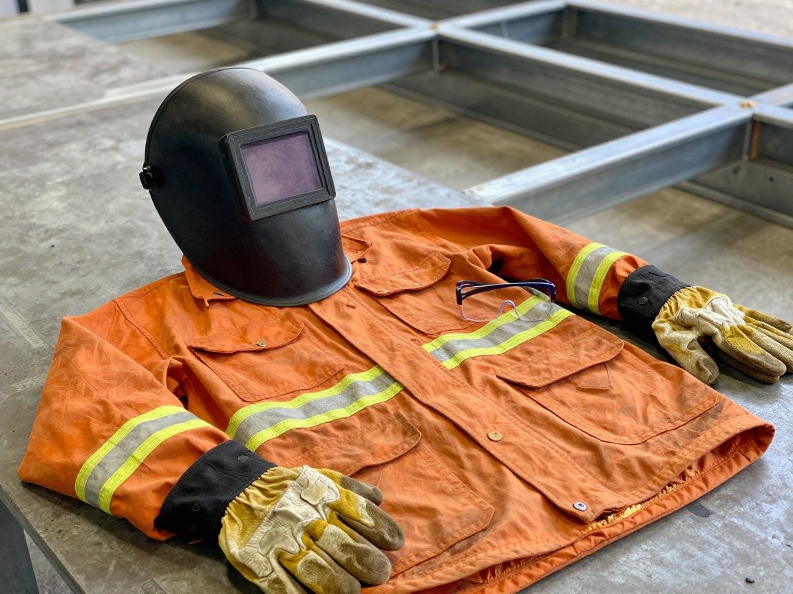 Wärmeschutzhelm, feuerfeste Jacke, Handschuhe und Schutzbrille liegen auf einer Werkbank vor einem teilweise fertigen Metallbauwerk mit sichtbaren Schweißnähten.