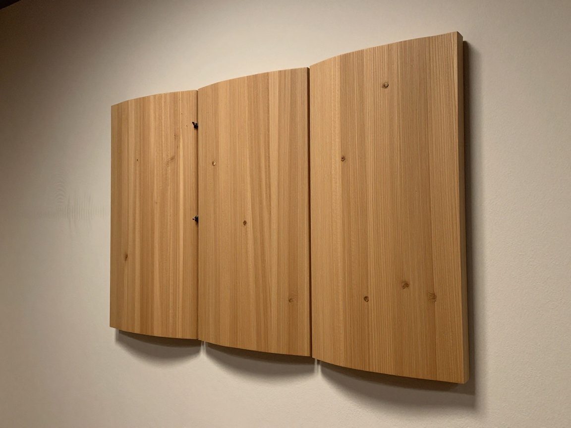 Mittleres Bild eines Holz-Akustikpanels an einer Wand mit sichtbarem Maserung und Halterung, leichte Wellen in der Luft zeigen Schallabsorption