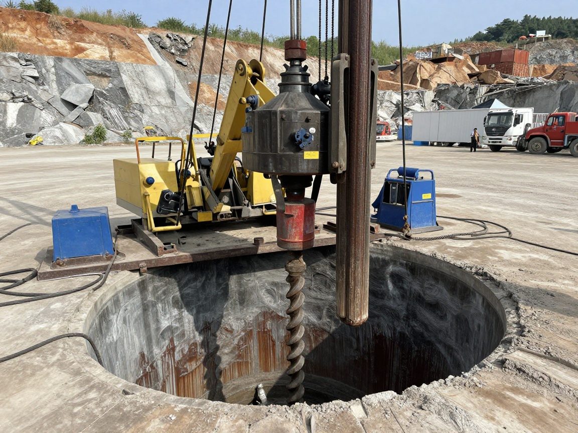 Kabelbohrer senkt ein schweres Bohrbit in ein tiefes Sprengloch auf einer Steinbruchsfläche, umgeben von rauem Gelände und mechanischer Ausrüstung