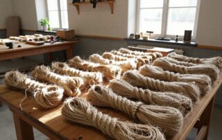 Weitwinkelaufnahme einer deutschen Seilwerkstatt: Reihen aus Hanf und synthetischen Fasern auf Holztischen, Werkbank mit Spulen, Scheren und Handkurbel, natürliche Lichtdurchflutung