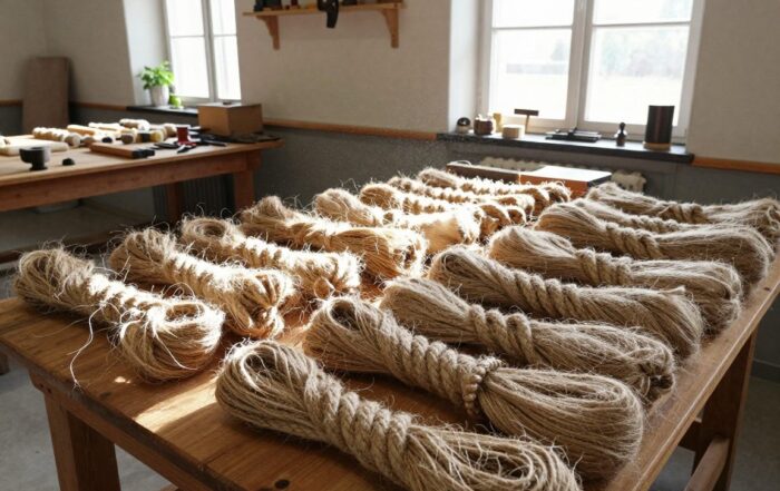 Weitwinkelaufnahme einer deutschen Seilwerkstatt: Reihen aus Hanf und synthetischen Fasern auf Holztischen, Werkbank mit Spulen, Scheren und Handkurbel, natürliche Lichtdurchflutung