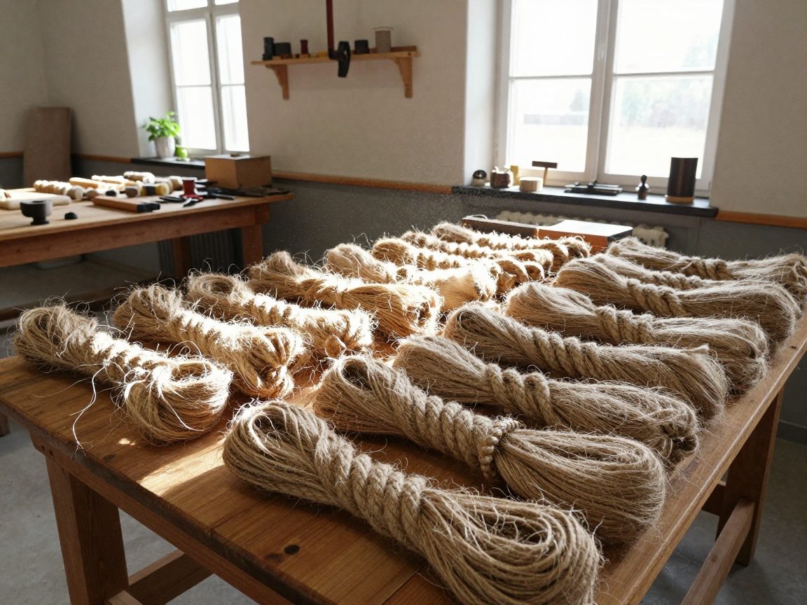 Weitwinkelaufnahme einer deutschen Seilwerkstatt: Reihen aus Hanf und synthetischen Fasern auf Holztischen, Werkbank mit Spulen, Scheren und Handkurbel, natürliche Lichtdurchflutung
