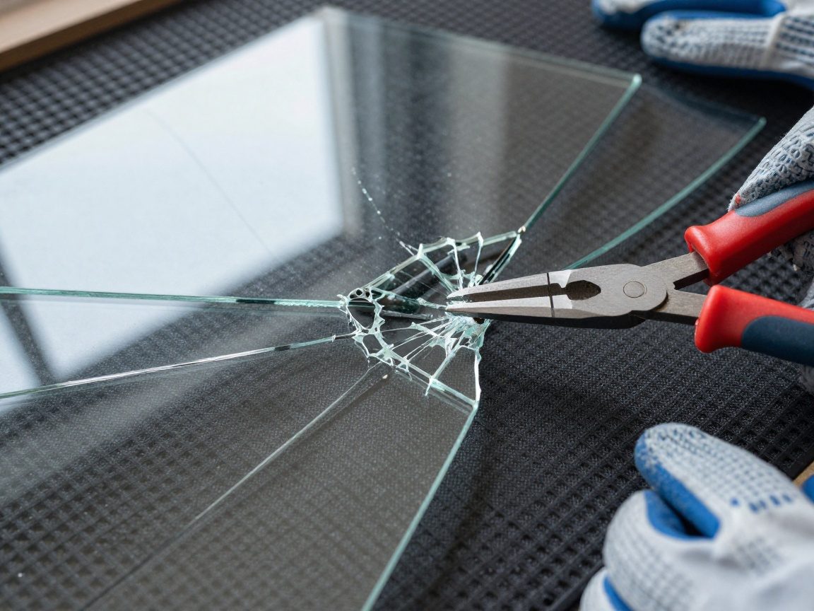 Dramatischer Blick von oben auf ein Glasblatt, das entlang einer Skizze mit Glasschere kurz vor dem Brechen steht; im Hintergrund Sicherheitsmatte und Handschuhe sichtbar