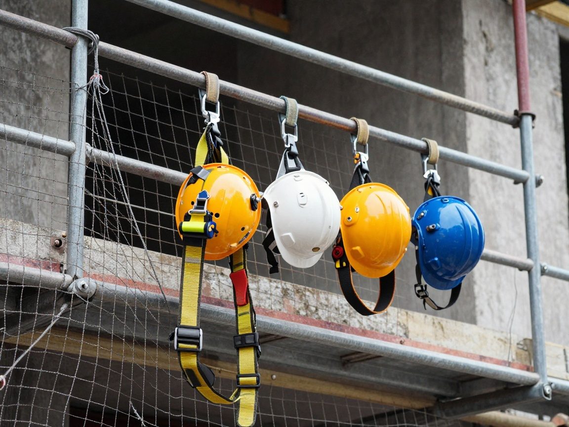 Nahaufnahme von Helmen, Gurten, Geländern und Sicherheitsnetz auf einem Gerüst vor Baustelle