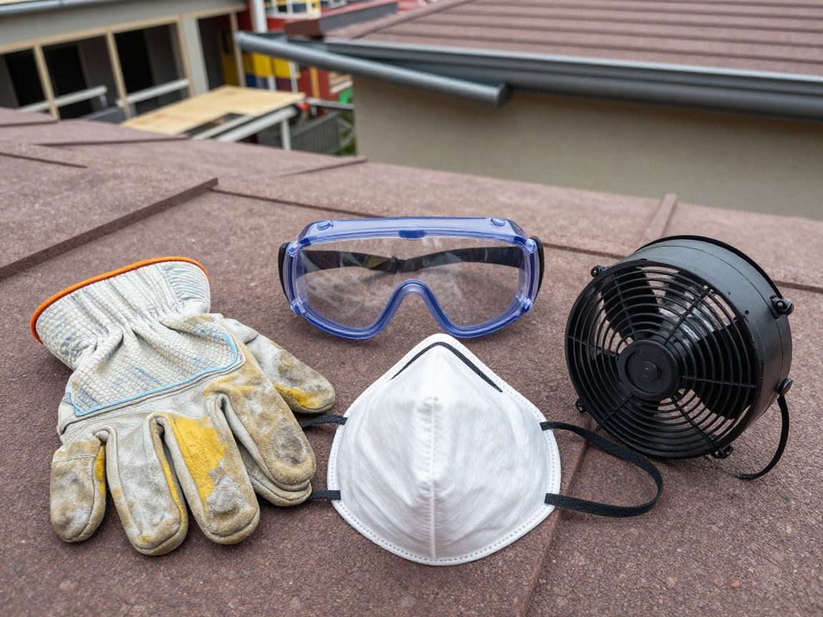 Schutzbrille, hitzebeständige Handschuhe, Gesichtsmasken und ein Lüftungsventilator liegen auf einer Baustelle mit teilweise fertiggestellter Dachrinne im Hintergrund.