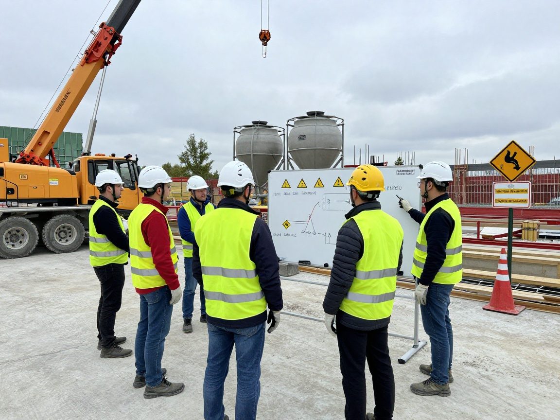 Arbeiter mit Helmen und Warnwesten führen ein Sicherheitsbriefing vor einem Whiteboard mit Gefahrenzeichen durch, während Bohrgerüst und Betonmischer im Hintergrund zu sehen sind