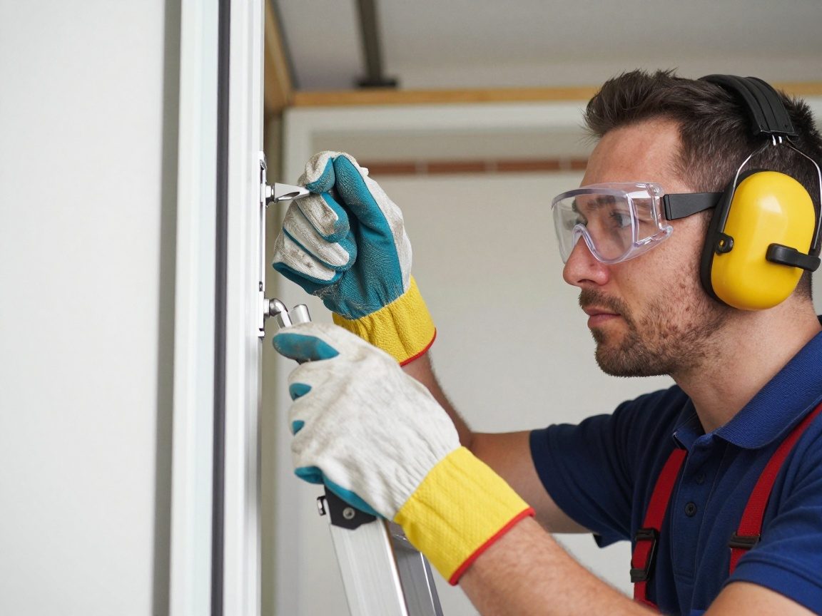 Klempner trägt Handschuhe, Schutzbrille und Gehörschutz, arbeitet an einer Leiter zur Montage eines Duschtassenrahmens