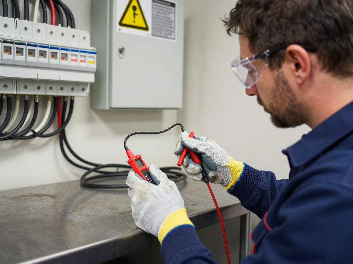 Elektroniker in isolierenden Handschuhen und Schutzbrille testet mit Spannungsprüfer ein Livekabel auf einem Metallarbeitsplatz mit Schaltkasten