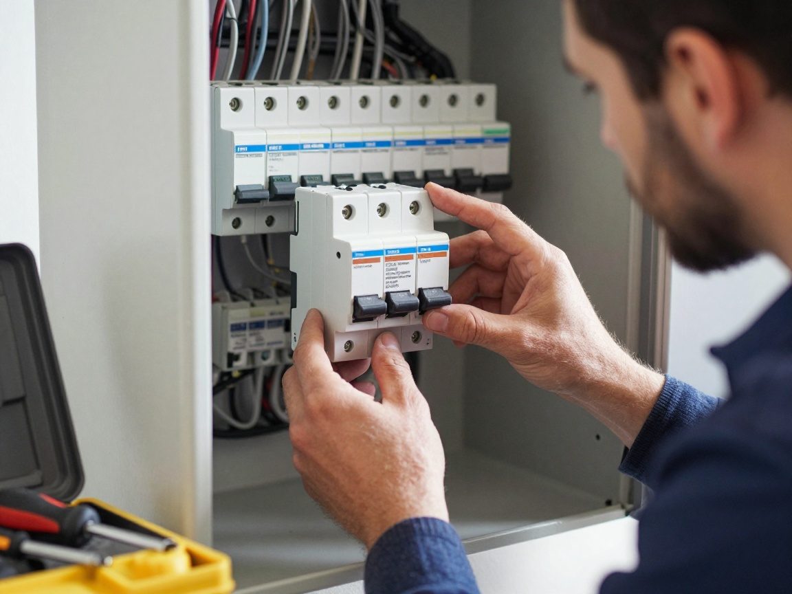 Elektroinstallateur prüft FI-Schalter: Fokus auf Schalterplatte, Testknopf und deutsche Beschriftung, Hintergrund mit offenen Schaltschrank und Werkzeug