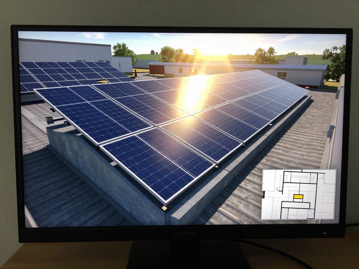 Computerbildschirm zeigt 3D-Simulation von Sonnenstrahlen auf Solarpanels eines Daches, daneben ein Modell des Dachlayouts
