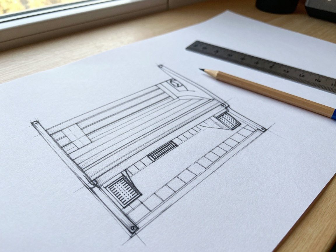 Nahaufnahme von handgezeichneten Sauna-Grundrissen auf einem Zeichenbrett mit Lineal und Bleistift, Papier zeigt Skizzen von Sitzen, Ofenplatzierung und Lüftungsöffnungen.