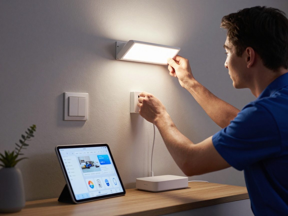 Elektroniker schließt eine smarte LED-Lampe an einen Wi‑Fi-Hub in einem zeitgemäßen Wohnraum an, Tablet zeigt Home‑Automation-App