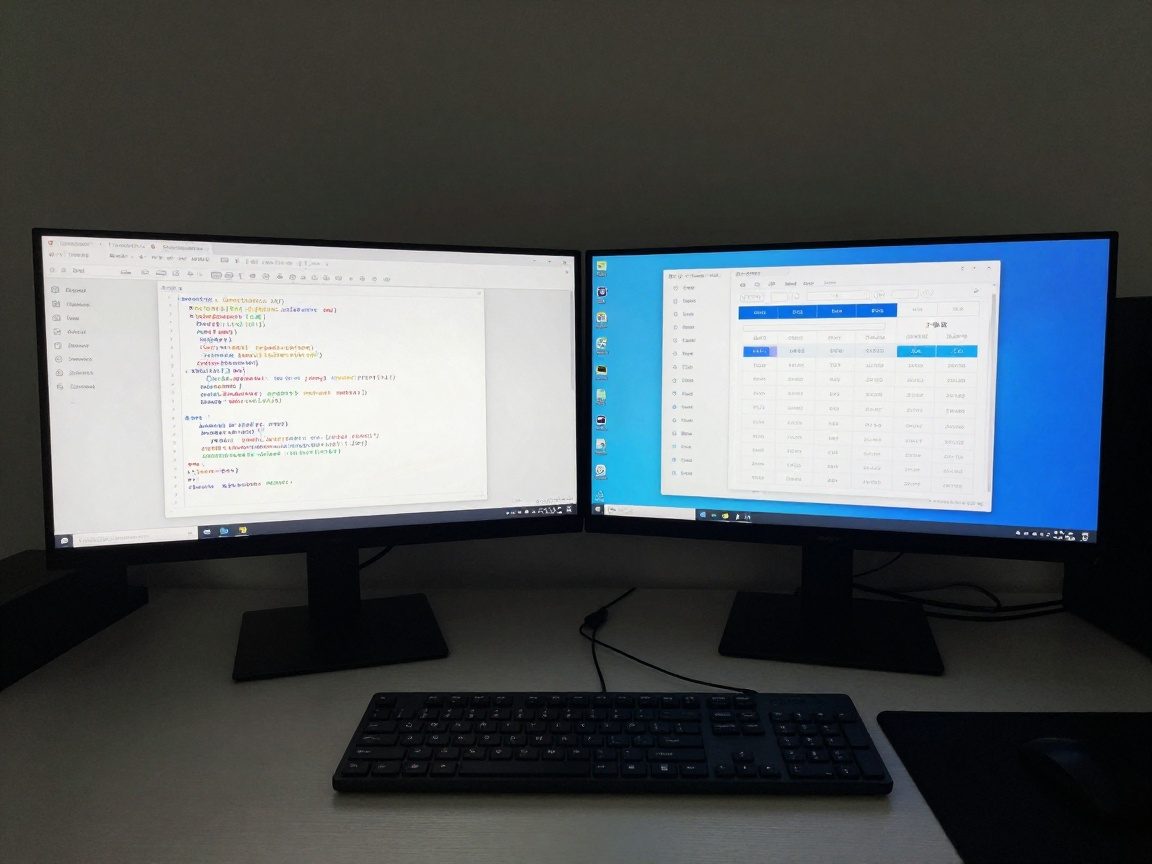 Breiter Blick auf einen modernen Arbeitsplatz mit zwei Monitoren, die eine Software zur Angebotserstellung von Alarmanlagen zeigen