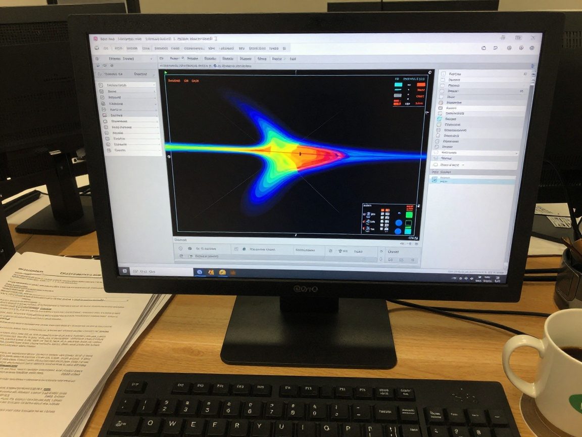 Breitwinkelaufnahme eines Computerbildschirms, der eine komplexe Wärmebedarfsberechnungssoftware zeigt, umgeben von technischen Handbüchern und einer Tasse Kaffee.