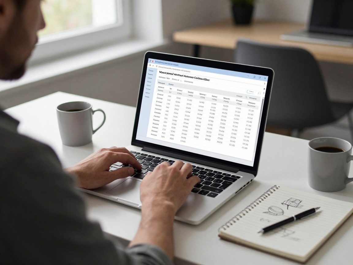 Ein Handwerksmeister sitzt an einem modernen Schreibtisch und tippt in ein Laptop-Programm zur Fensterkostenermittlung; neben ihm liegen Notizen, ein Kaffeebecher und Skizzen.