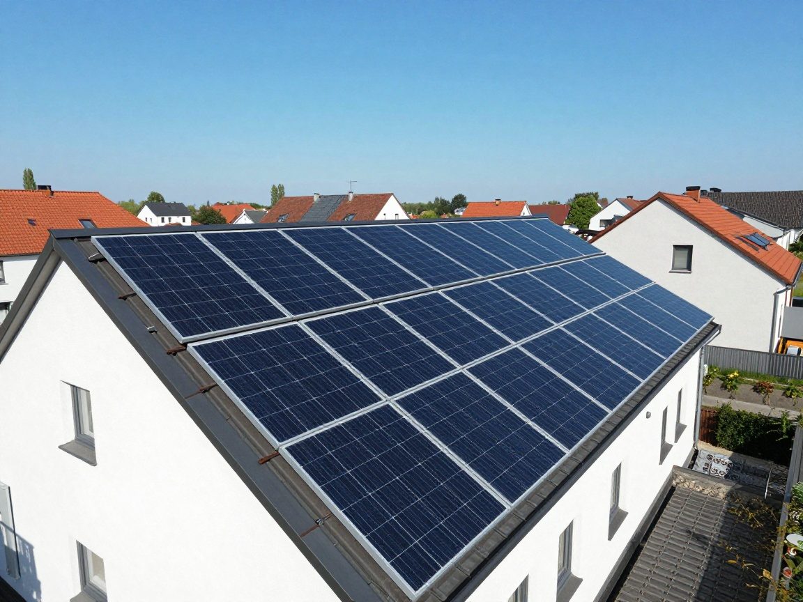 Moderne Solarpanels auf einem deutschen Wohnhausdach unter klarem Himmel, umgeben von Nachbarschaft und typisch deutscher Architektur