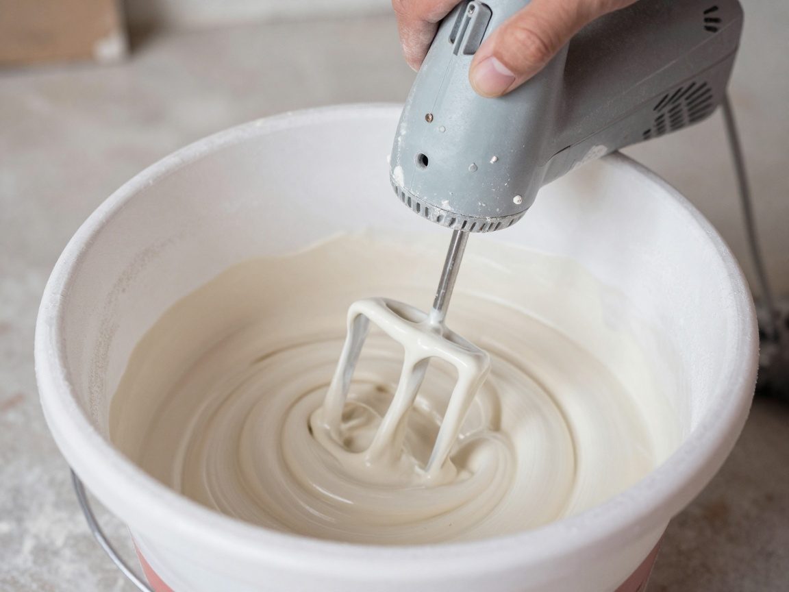 Hande rühren Leimmasse in einem Mischbehälter mit elektrischer Rührmaschine auf Baustelle – glatte Konsistenz, staubfrei