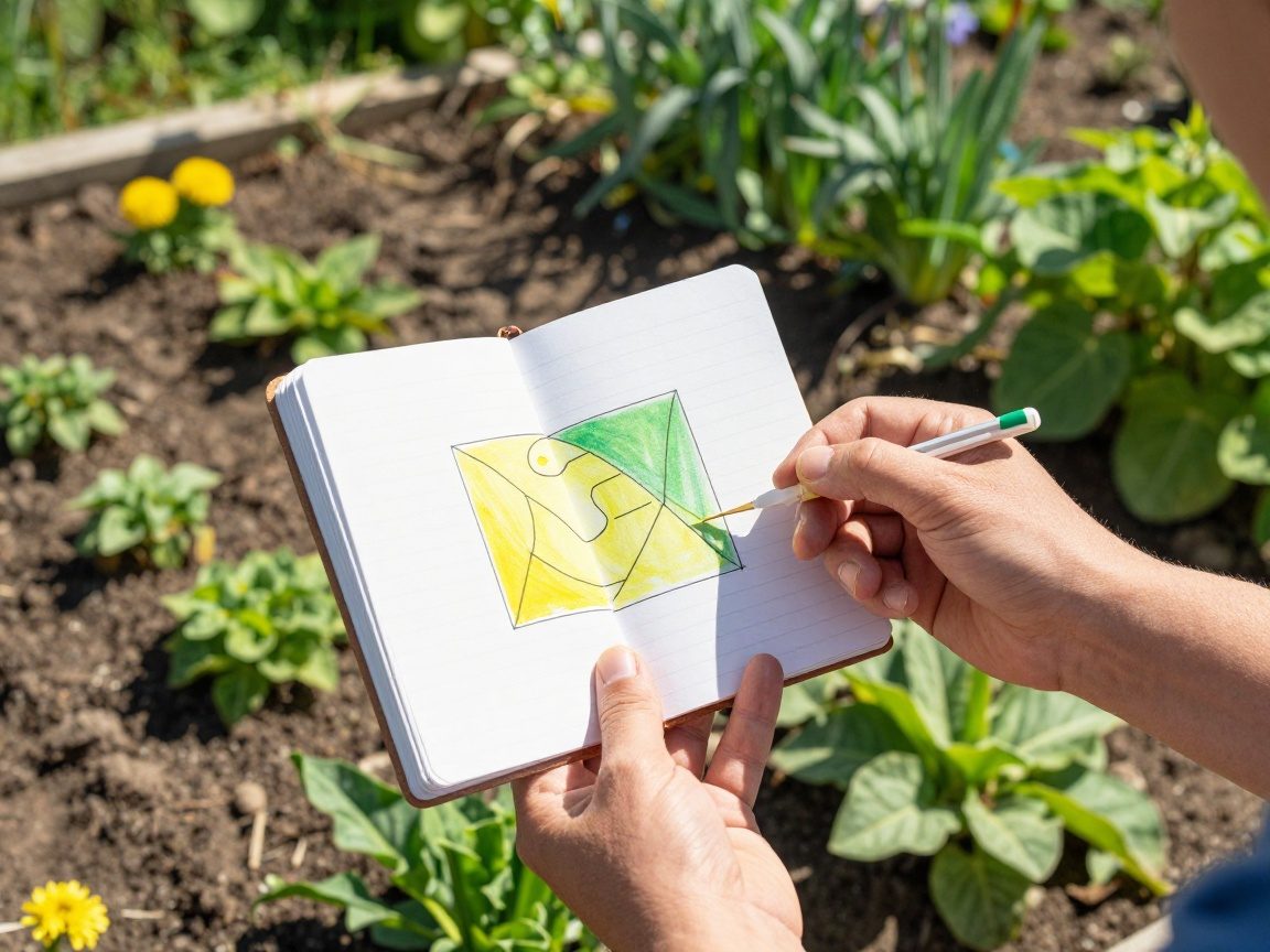 Nahaufnahme eines Gärtners mit einem Bodentest-Kit in einem sonnigen Gartenbeet, daneben ein Notizbuch mit Diagramm zu Lichtzonen