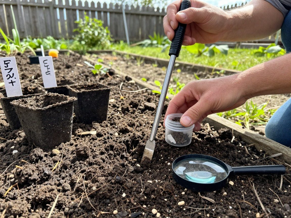 Nahaufnahme eines Landschaftsgärtners, der mit einer Bodenprobe und einem Lupenobjektiv die Bodenstruktur in einem Gartenbeet untersucht.