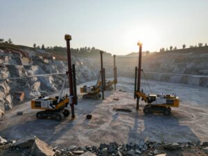 Weitwinkelaufnahme eines deutschen Steinbruchs bei Sonnenaufgang, mit Reihen großer Bohrmaschinen und schwerer Ausrüstung auf rauem Felsbett