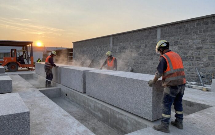 Großaufnahme einer deutschen Steinmetzwerkstatt im Abendlicht: Arbeiter in Schutzkleidung bearbeiten Granitblöcke, moderne Maschinen und traditionelle Mauerarbeiten sind sichtbar.