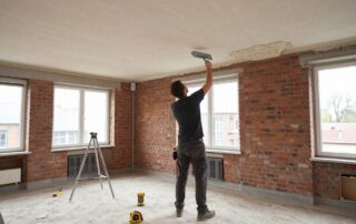 Ein erfahrener Stuckateur arbeitet an einer Decke in einem alten Backsteinbau, während moderne Messwerkzeuge und ein Laserlevel die Genauigkeit unterstützen.