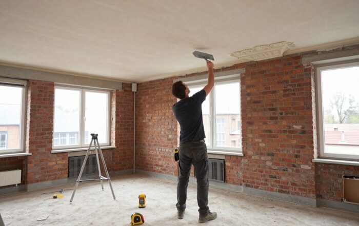 Ein erfahrener Stuckateur arbeitet an einer Decke in einem alten Backsteinbau, während moderne Messwerkzeuge und ein Laserlevel die Genauigkeit unterstützen.