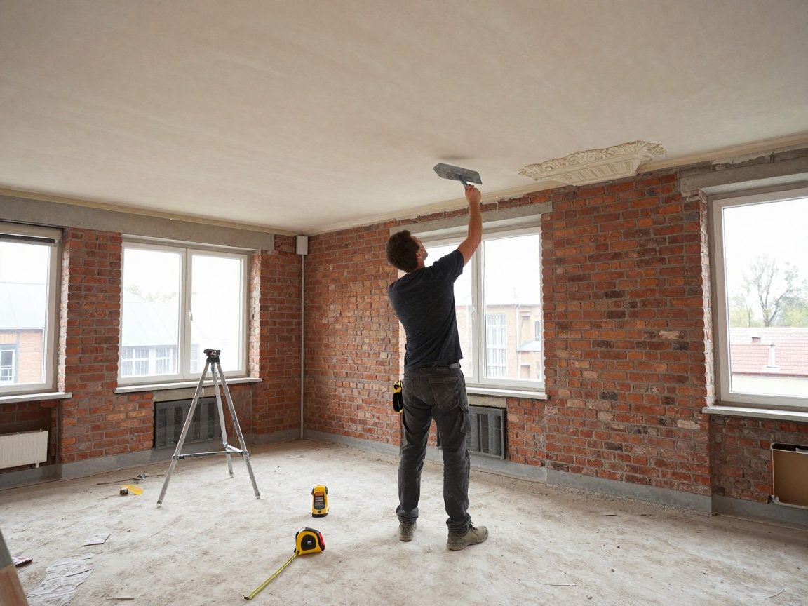 Ein erfahrener Stuckateur arbeitet an einer Decke in einem alten Backsteinbau, während moderne Messwerkzeuge und ein Laserlevel die Genauigkeit unterstützen.