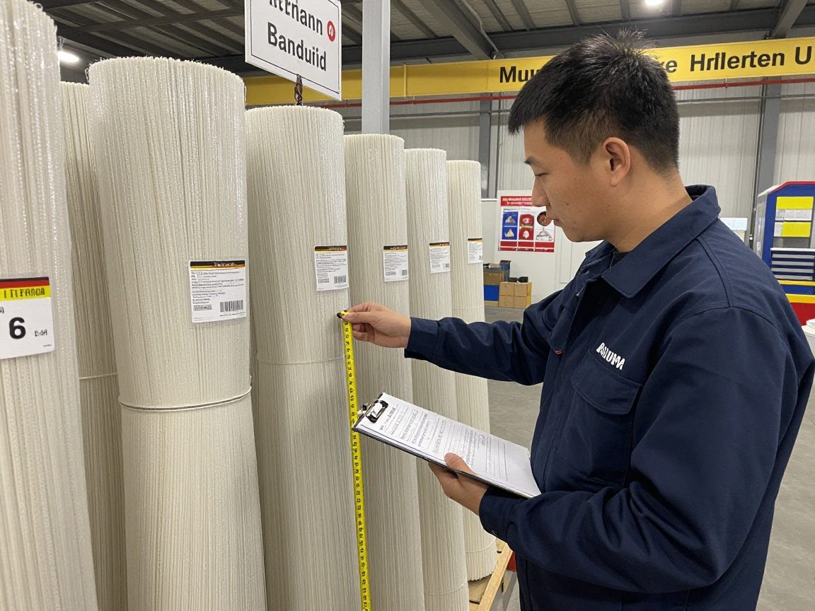 Seiler inspiziert ein Faserbund-Depot: Arbeiter prüft Etiketten, misst Länge mit Maßband und notiert Qualität auf einem Clipboard.