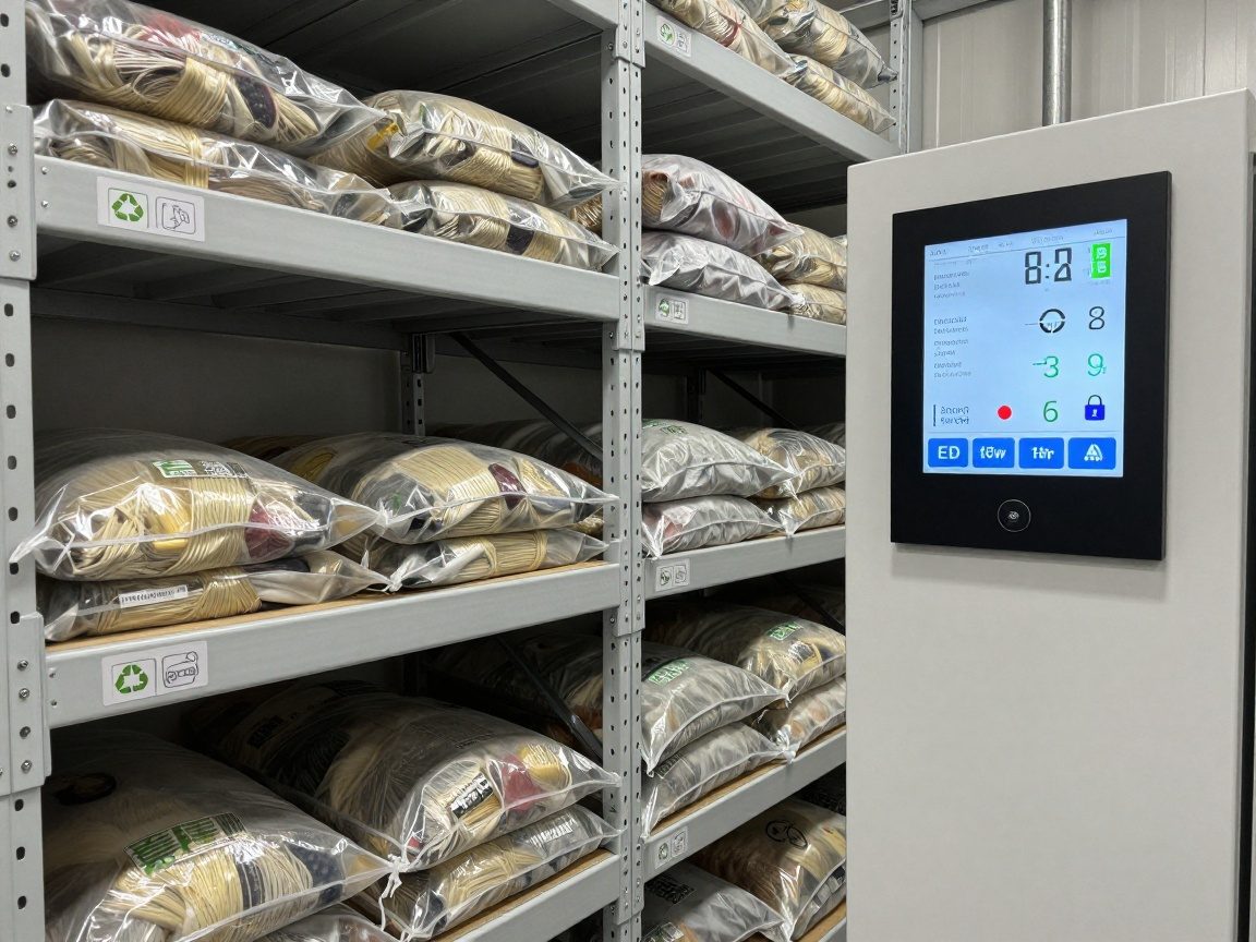 Klimatisierte Regale mit versiegelten Faservorräten, beschriftet mit Nachhaltigkeitssymbolen und digitalem Temperatur- & Feuchtigkeitsdisplay