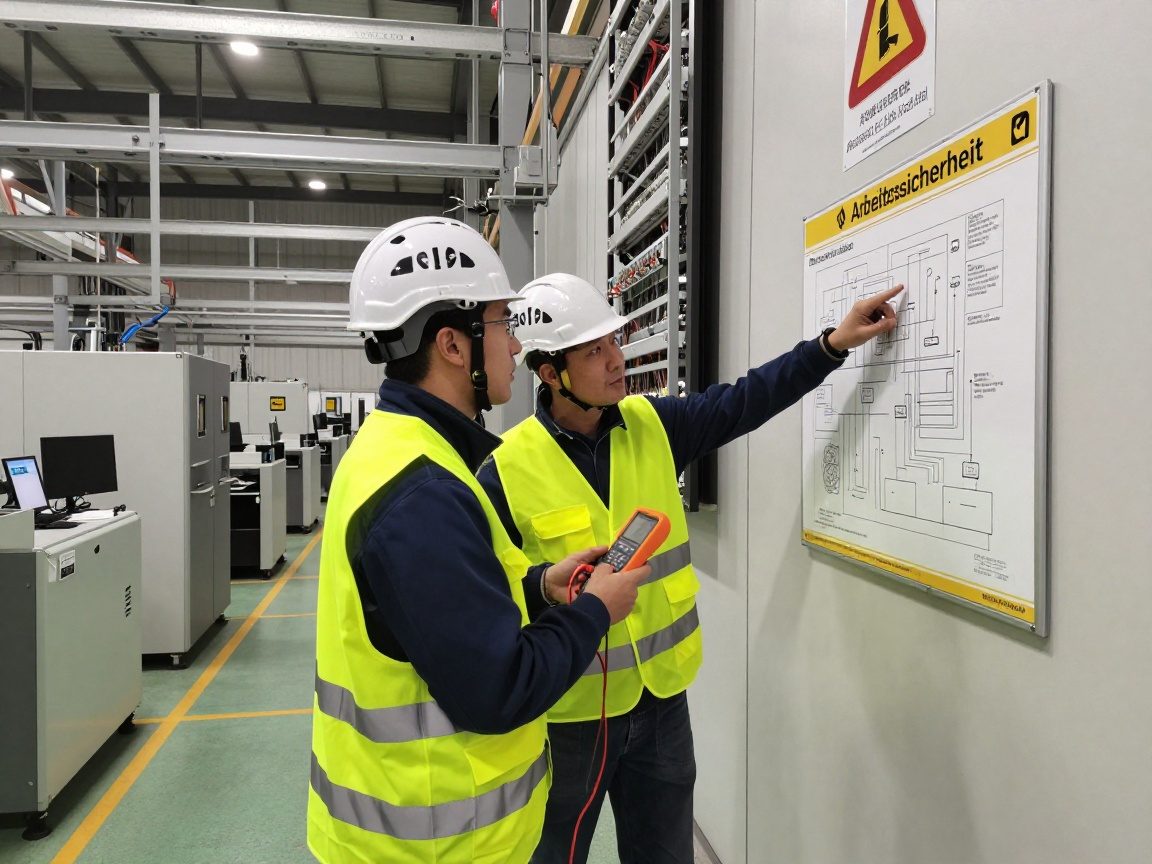 Zwei Techniker prüfen gemeinsam einen FI-Schalter in einer deutschen Fabrik, ein Multimeter in der Hand und ein Schaltplan an der Wand sichtbar.