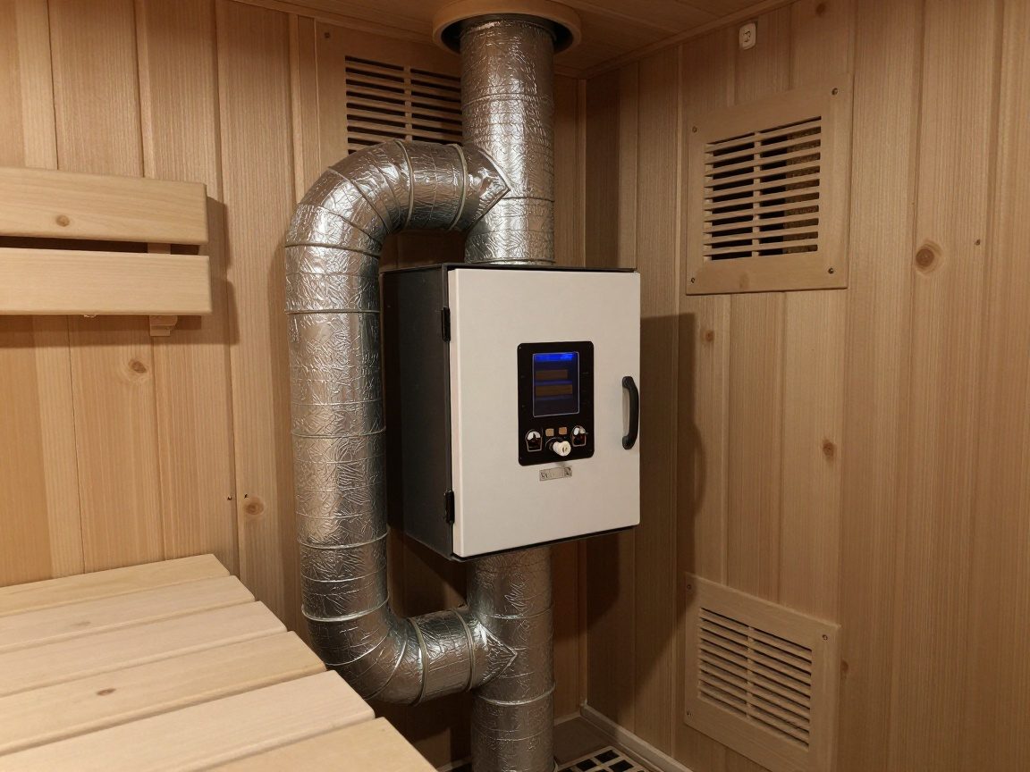 Detailansicht eines elektrischen Saunaofens mit Bedienelementen, umgeben von isolierten Lüftungsrohren und Gitterdüsen in einem schummrig beleuchteten Werkstattraum