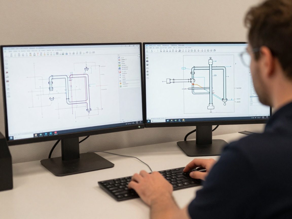 Techniker arbeitet an Schreibtisch mit zwei Monitoren, die detaillierte CAD-Zeichnungen von Sanitärleitungen zeigen