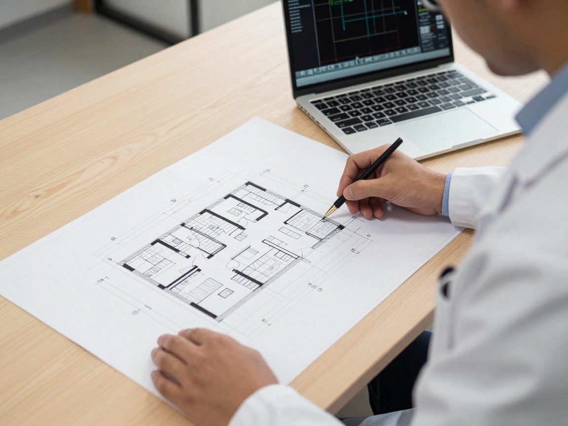 Ein Architekt in weißem Kittel betrachtet eine hochauflösende CAD-Zeichnung mit detaillierten Grundrissen und Schnitten auf einem Zeichenbrett, neben dem ein Laptop mit geöffnetem CAD-Programm steht.