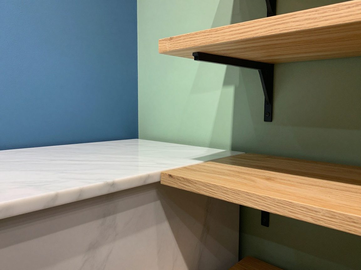 Ein Mittelbild eines Ladens mit glattem Marmorboden neben einer rauen Holzregalwand, farbige Akzente in Blau und Grün an den Wänden