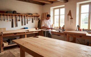 Weitwinkelaufnahme eines deutschen Holzhandwerksbetriebs mit Holzbänken, handwerklichen Werkzeugen an der Wand und einem großen Eichen-Tisch im Vordergrund