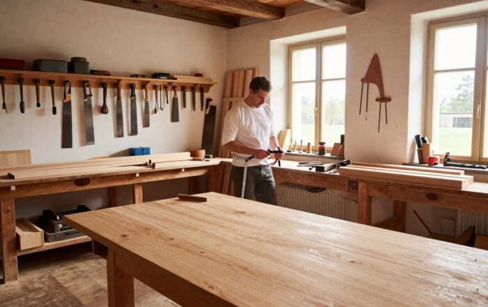 Weitwinkelaufnahme eines deutschen Holzhandwerksbetriebs mit Holzbänken, handwerklichen Werkzeugen an der Wand und einem großen Eichen-Tisch im Vordergrund