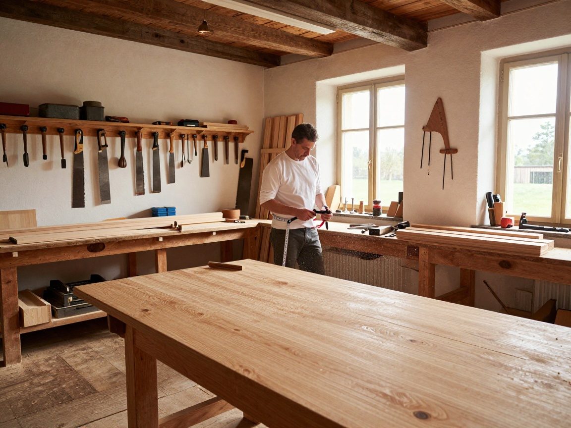 Weitwinkelaufnahme eines deutschen Holzhandwerksbetriebs mit Holzbänken, handwerklichen Werkzeugen an der Wand und einem großen Eichen-Tisch im Vordergrund