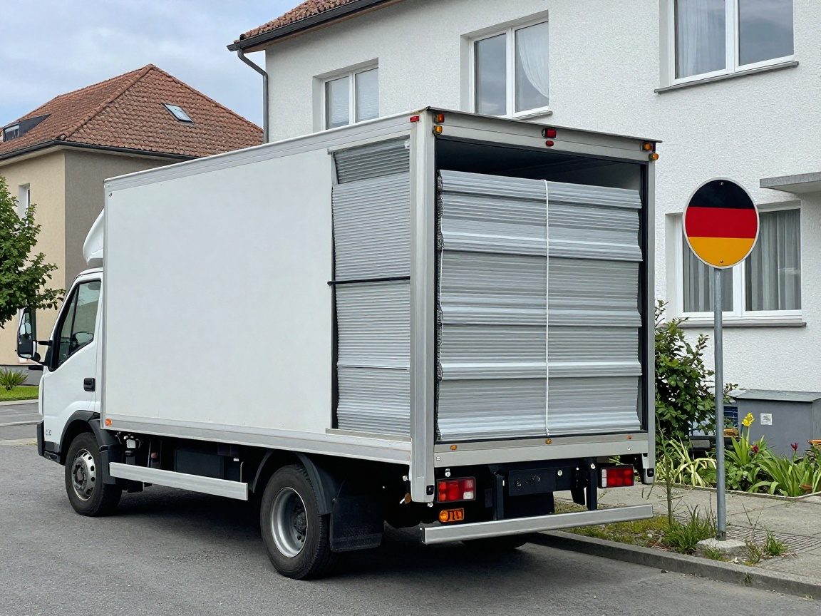 Paketwagen mit gestapelten Jalousien auf dem Dach, neben einem deutschen Straßenschild und einem kleinen Garten