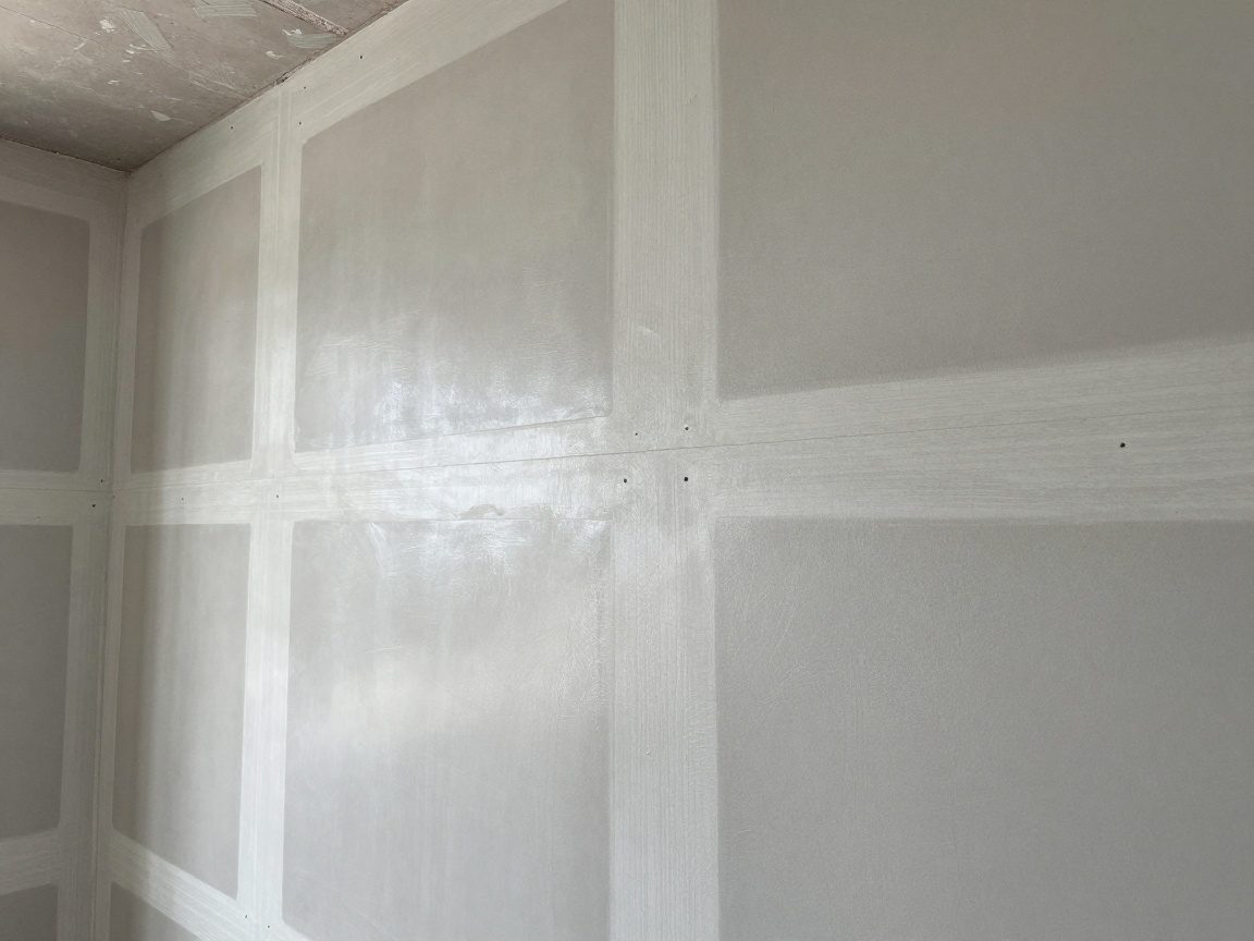 Nahaufnahme einer deutschen Baustelle mit Trockenbauwand, sauber gefüllten Fugen und abgedeckten Schraubenköpfen, glatt polierter Beton