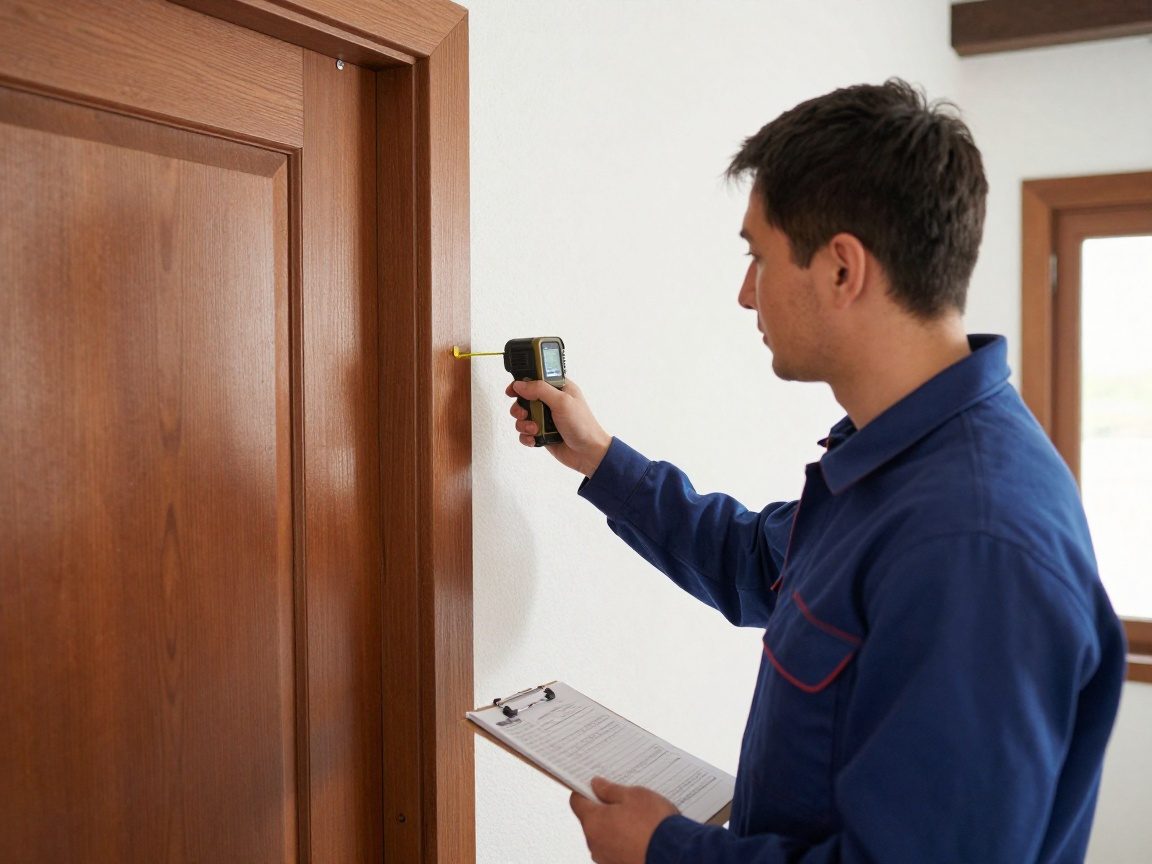 Techniker mit Lasermessgerät misst Breite und Tiefe einer Türöffnung in einem deutschen Haus